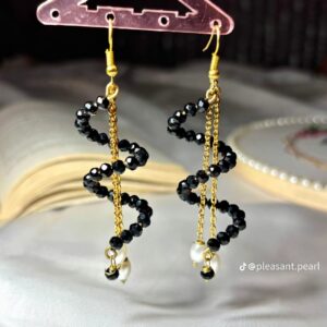 Handmade Gold-Plated Black Bead Wave Drop Earrings